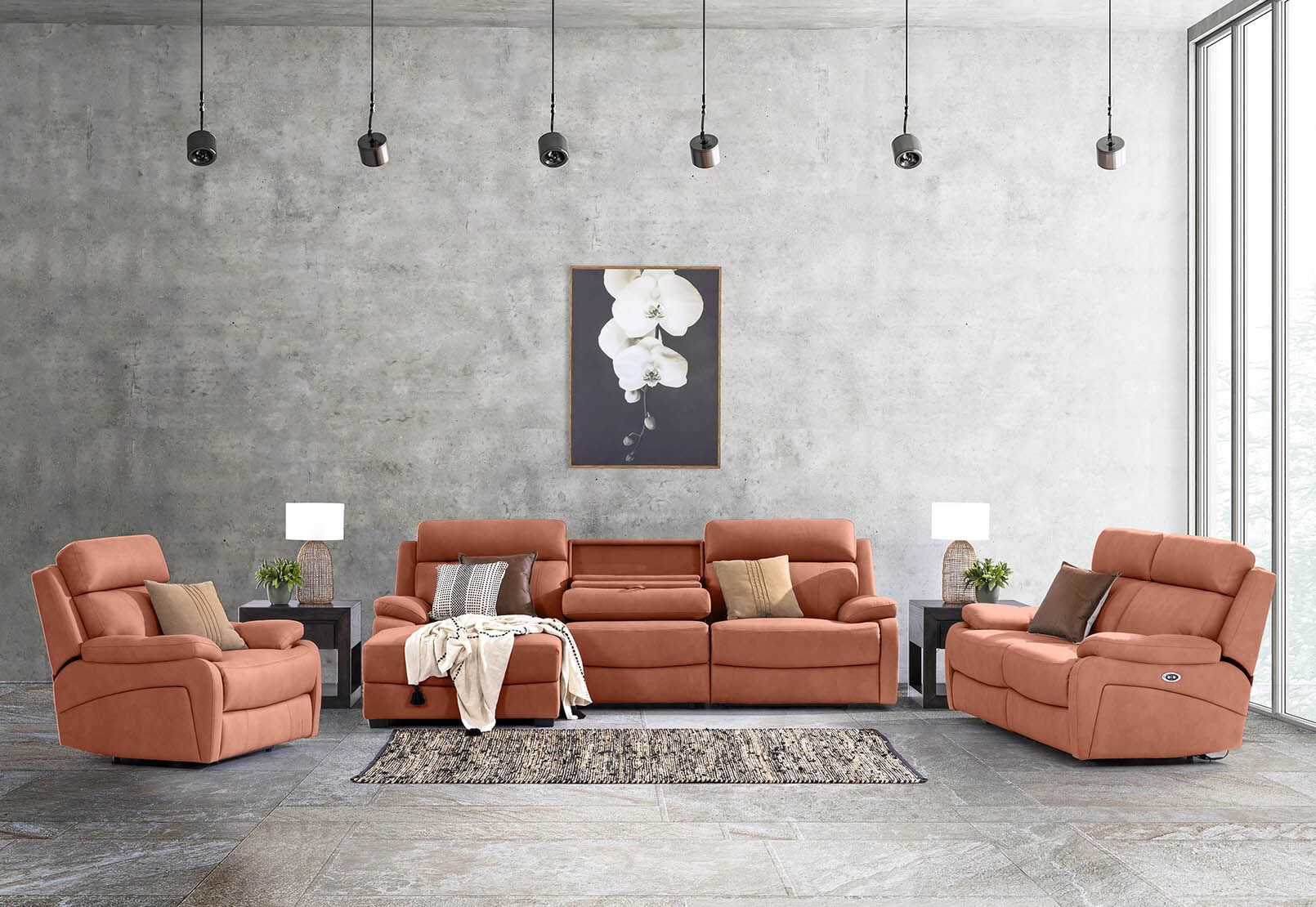 LYNCOLN - Fabric 3.5 Seat Left Hand Facing Chaise with Drop Down Table LYNCOLN