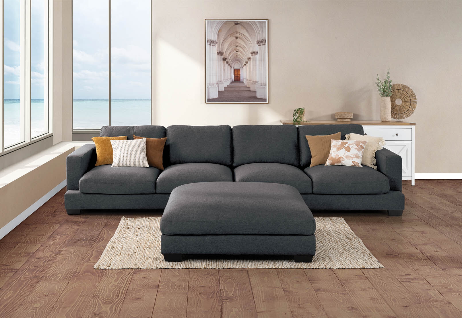 Grey sofa with shop ottoman