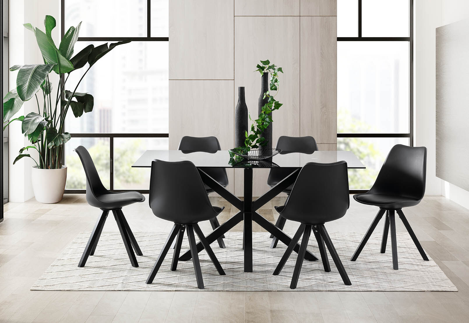 Black Table140cm + 6 Black Chair Dining Table and Chairs 6 Seater with Glass Room Leather Kitchen Furniture Set 