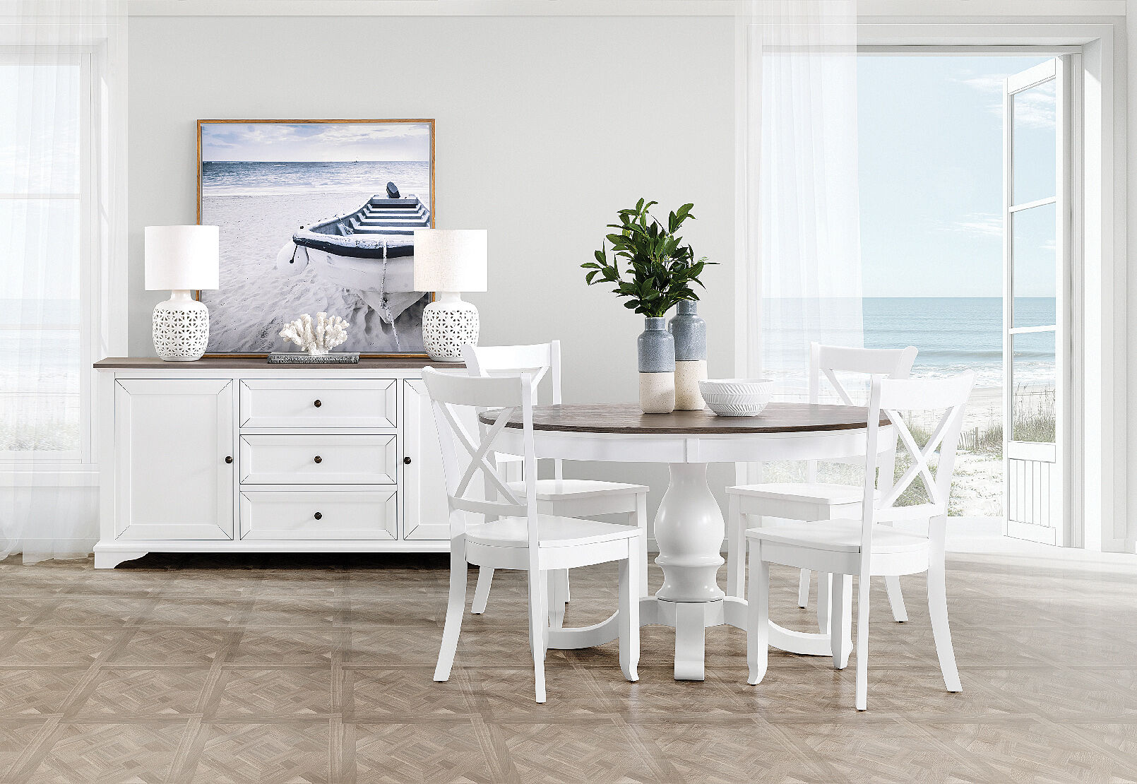 white marseille 5 piece dining suite with clouds dining
