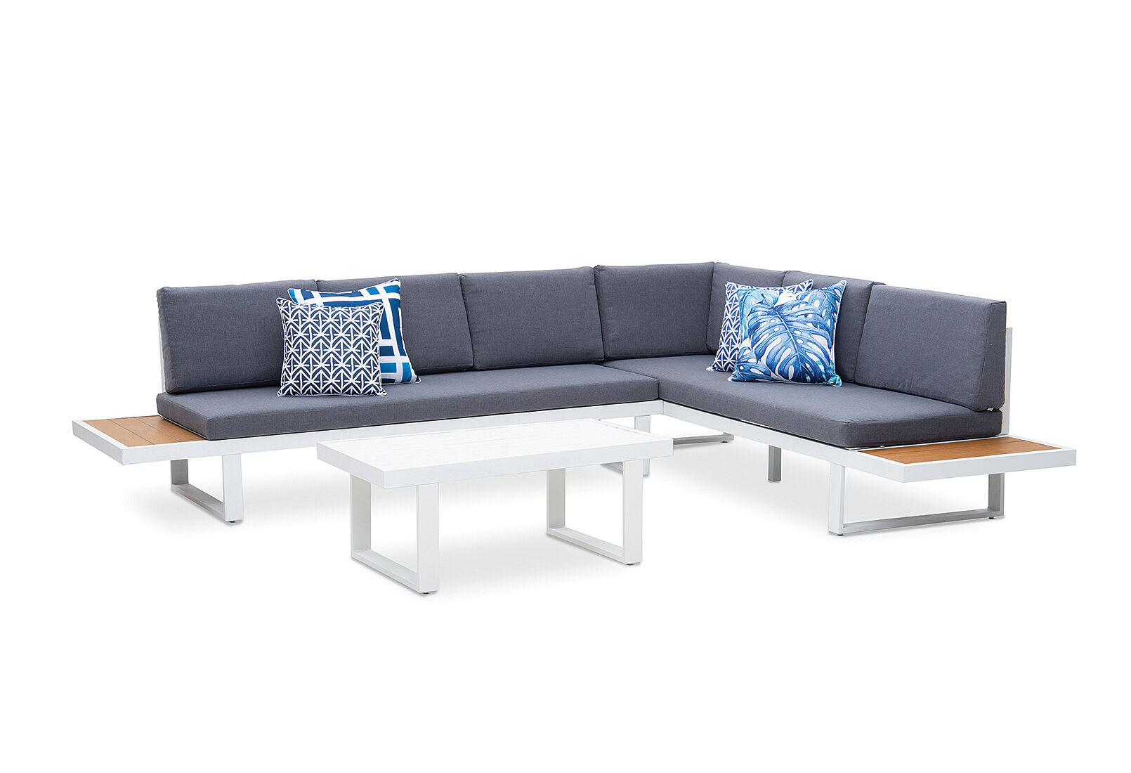 grey amari corner lounge setting with coffee table and polywood end tables amart furniture