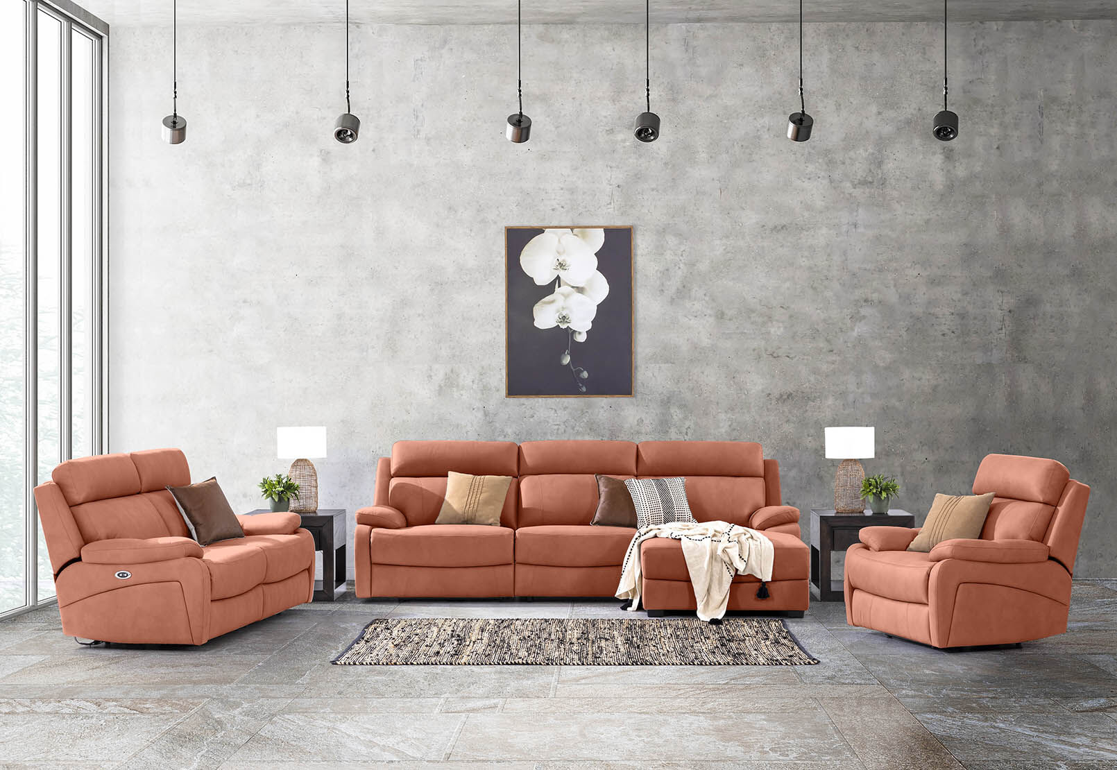 LYNCOLN - Fabric 3.5 Seat Right Hand Facing Chaise with Drop Down Table LYNCOLN