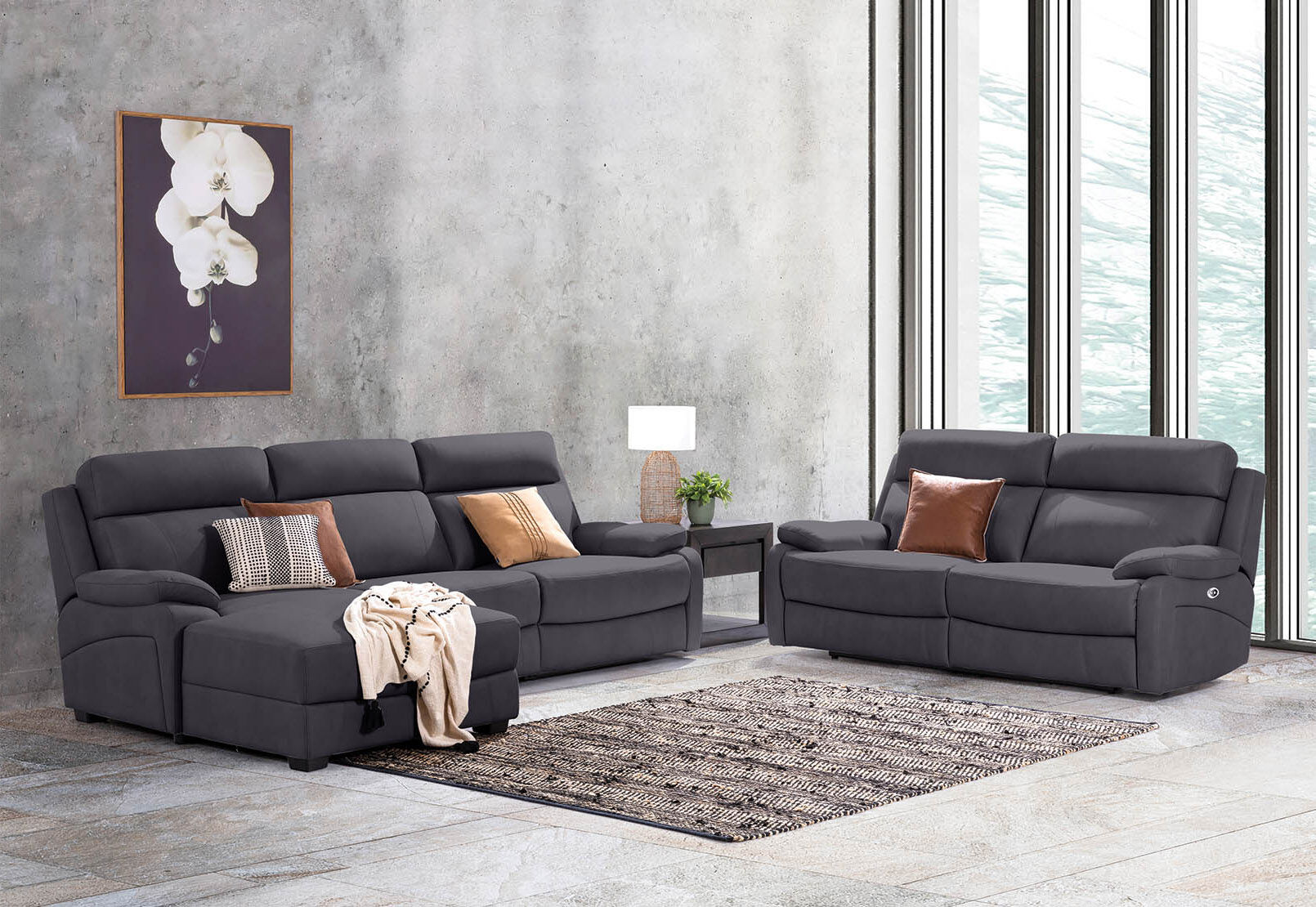 LYNCOLN - Fabric 3.5 Seat Left Hand Facing Chaise with Drop Down Table LYNCOLN