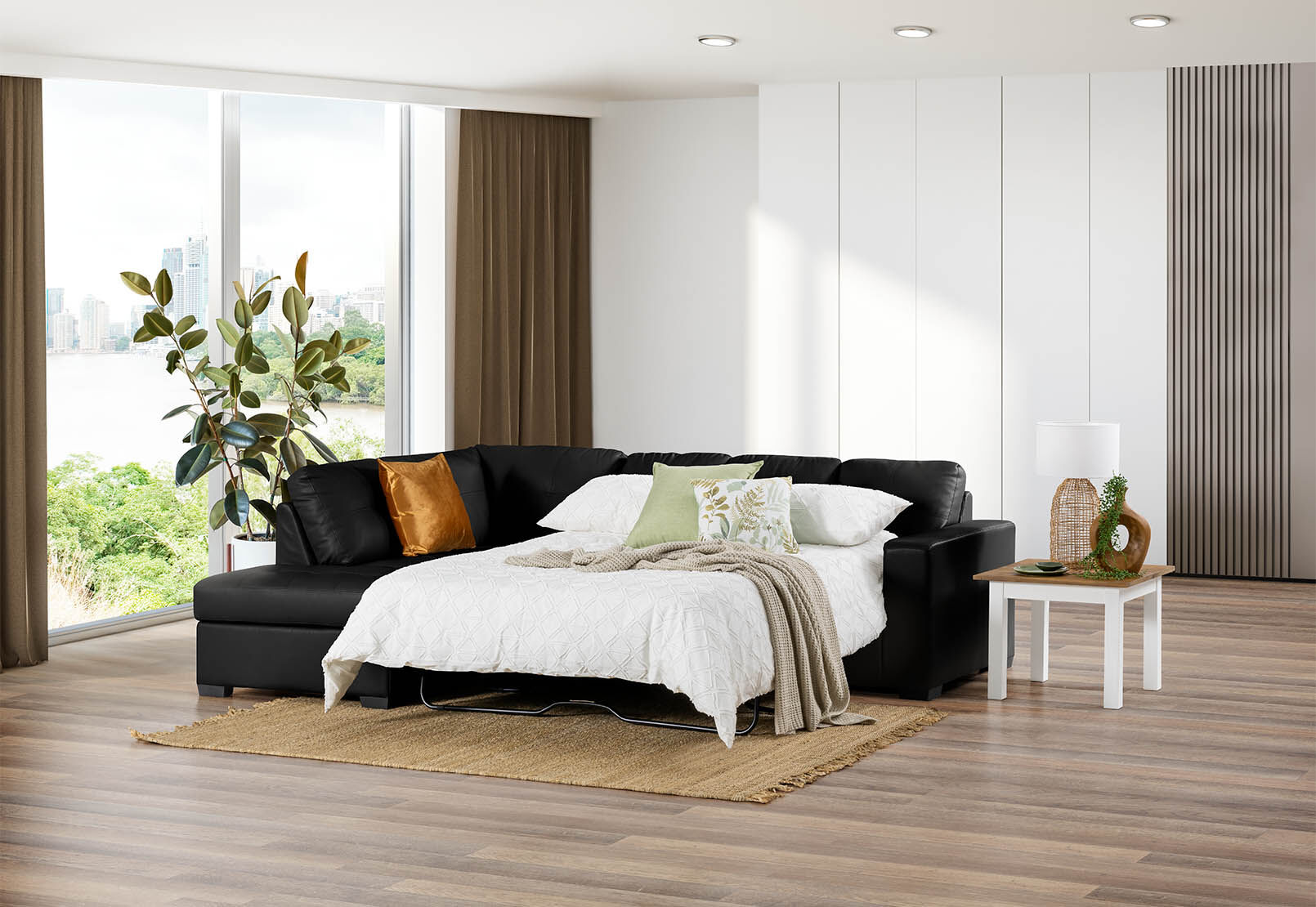 DIAMOND - Leather-Look Left-Hand Facing Corner Chaise with Sofa Bed DIAMOND