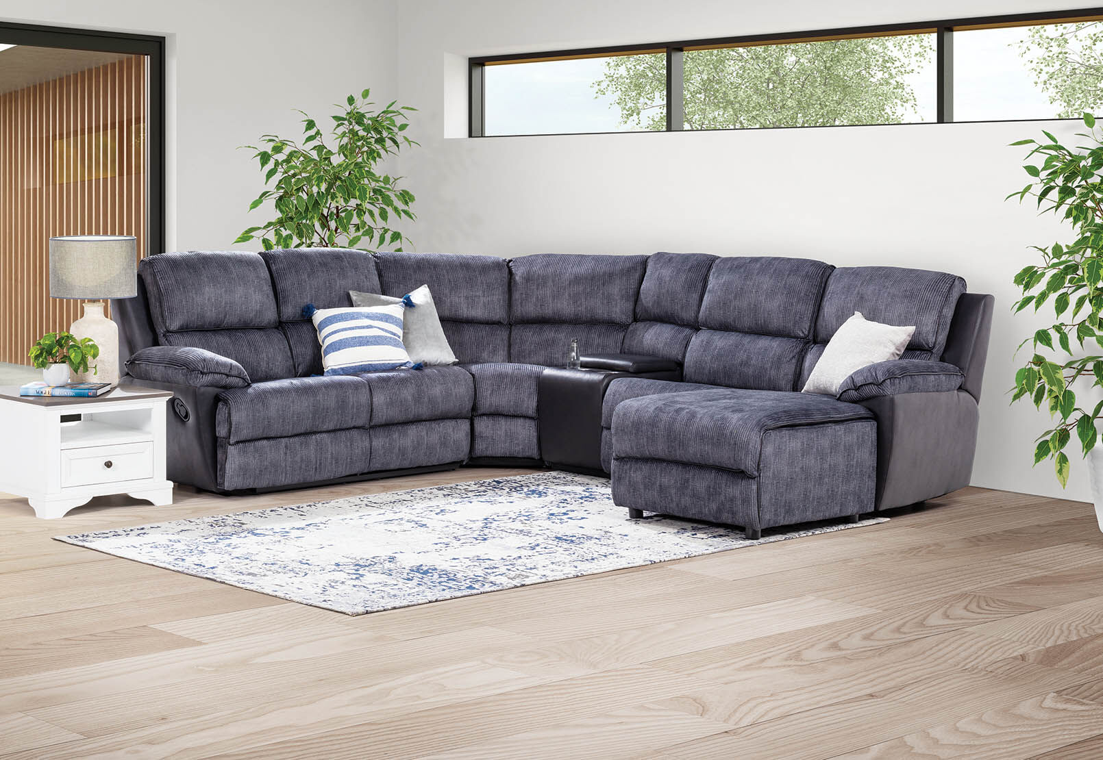 GREY OSWALD Fabric Corner Suite with Recliner and Chaise
