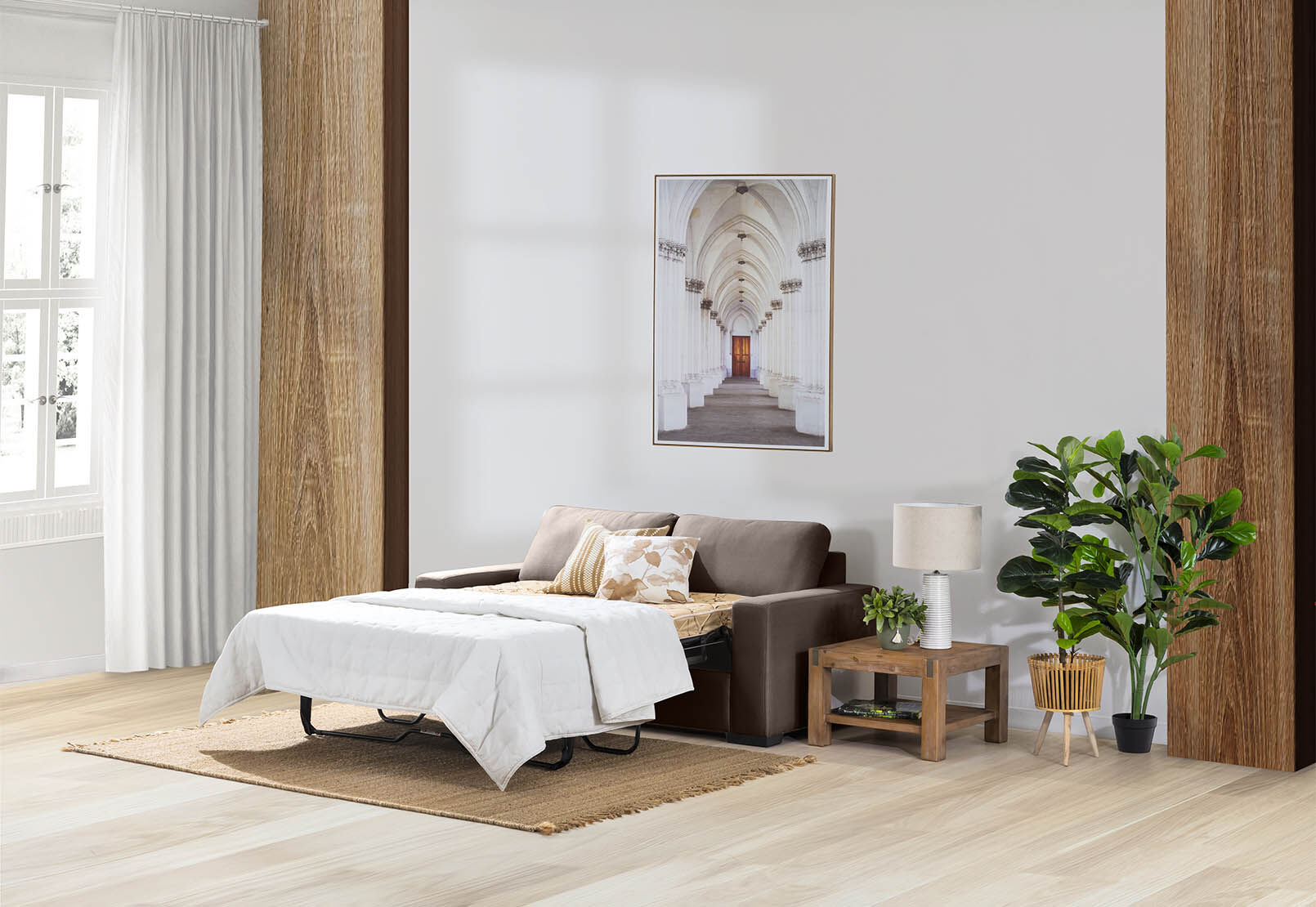 COFFEE KIRBY Fabric 3 Seat Sofa Bed Amart Furniture