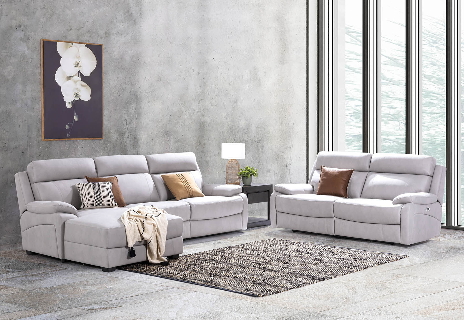 LYNCOLN - Fabric 3.5 Seat Left Hand Facing Chaise with Drop Down Table LYNCOLN