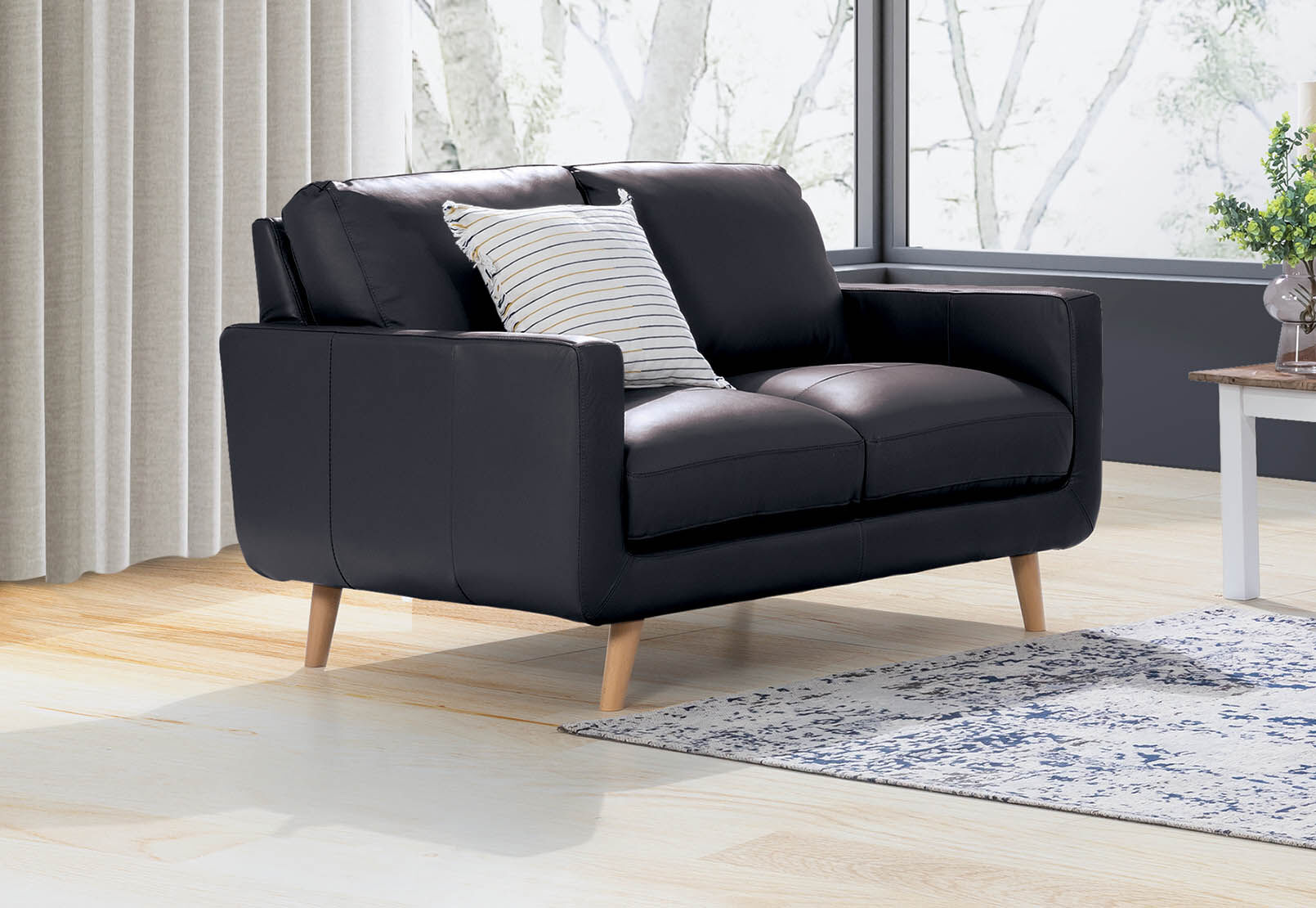Black leather sales 2 seater sofa
