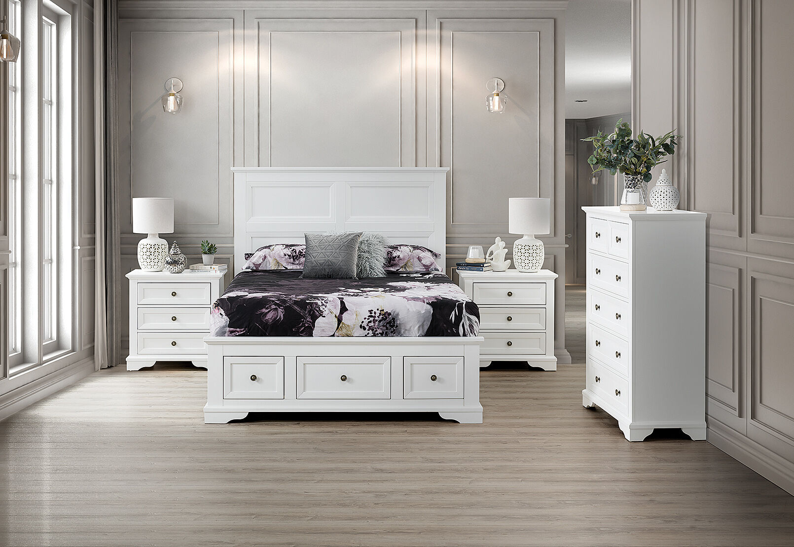WHITE CHANELLE 4 Piece Queen Tall Chest Bedroom Suite