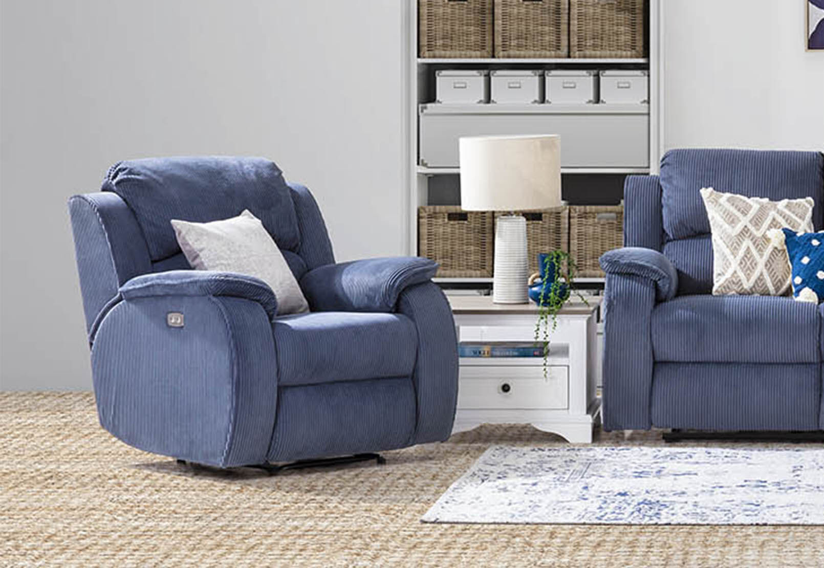DARK BLUE WELSH Fabric Electric Recliner Amart Furniture