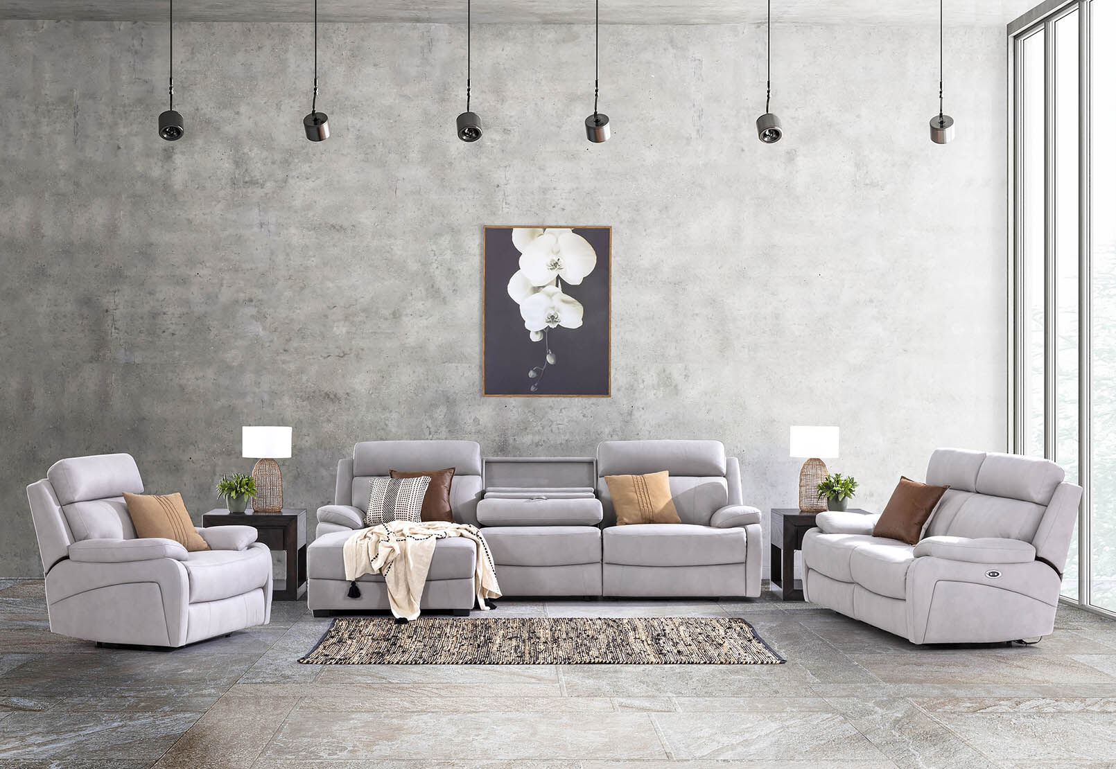 LYNCOLN - Fabric 3.5 Seat Left Hand Facing Chaise with Drop Down Table LYNCOLN