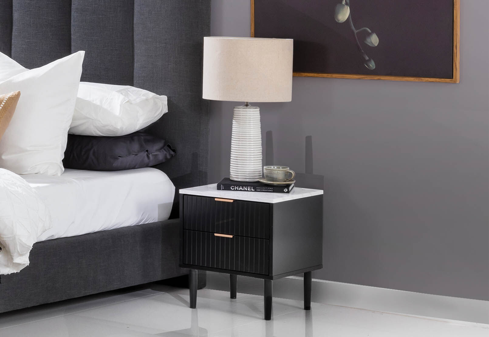 Black Mango Wood Round Bedside Table With Ribbed Detailing And Marble