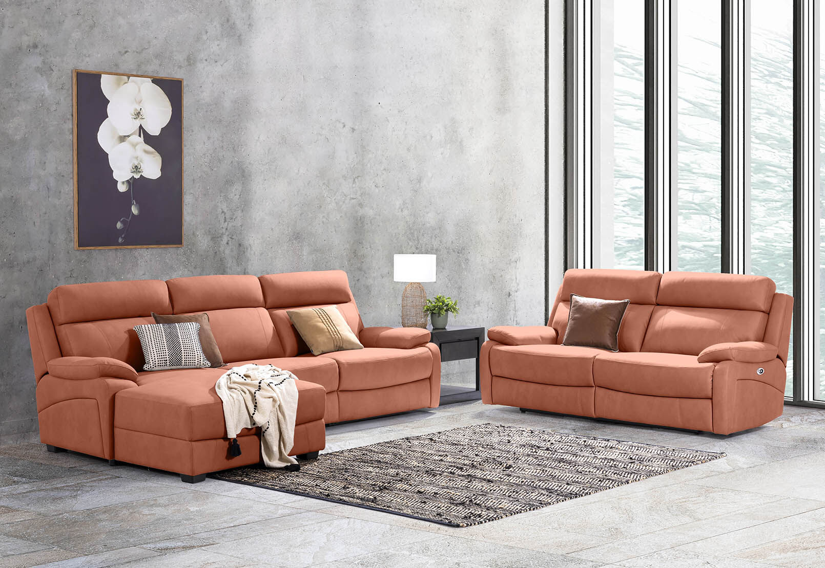 LYNCOLN - Fabric 3.5 Seat Left Hand Facing Chaise with Drop Down Table LYNCOLN