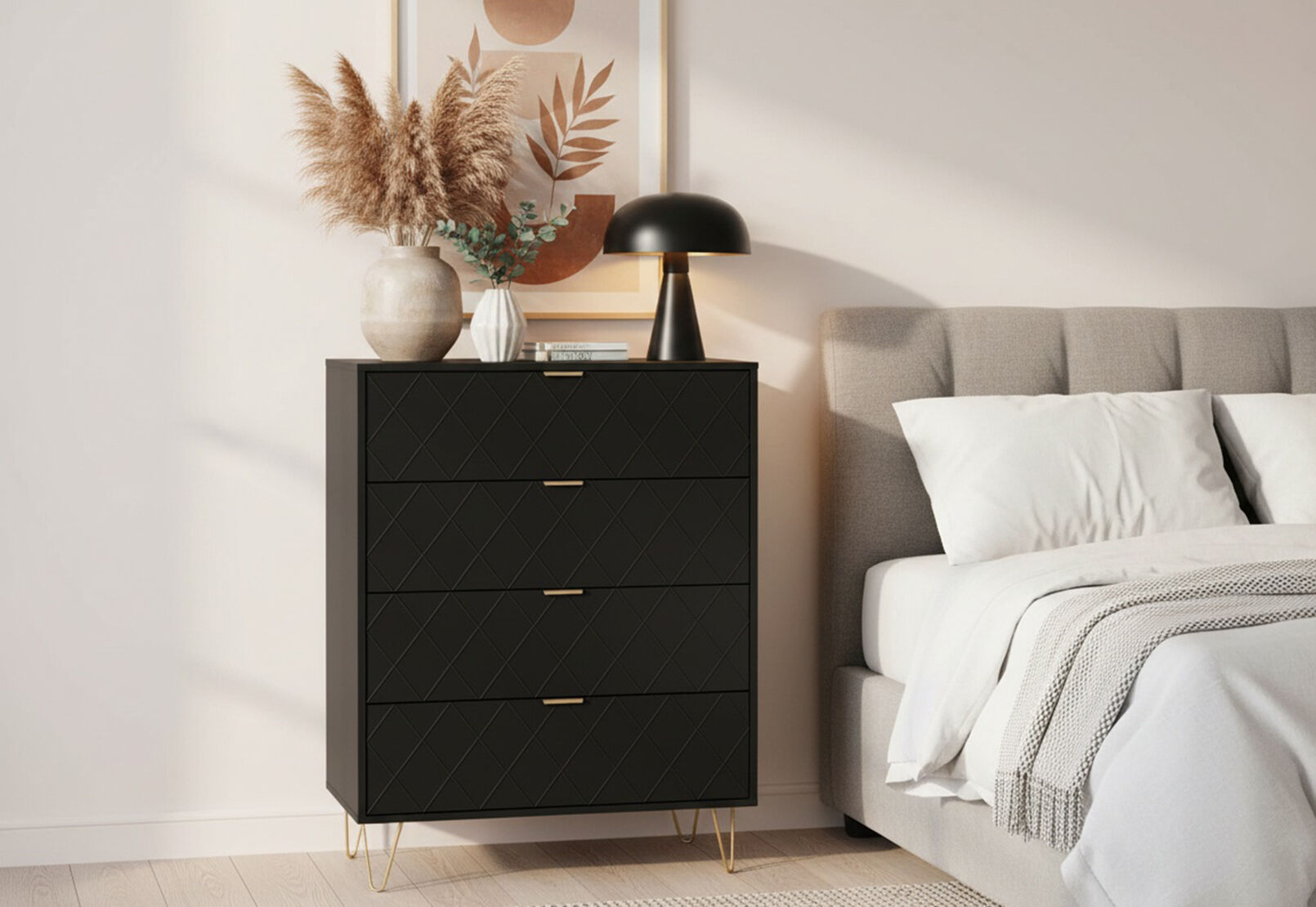 BLACK DORSEY Black 4 Drawer Wide Tall Chest