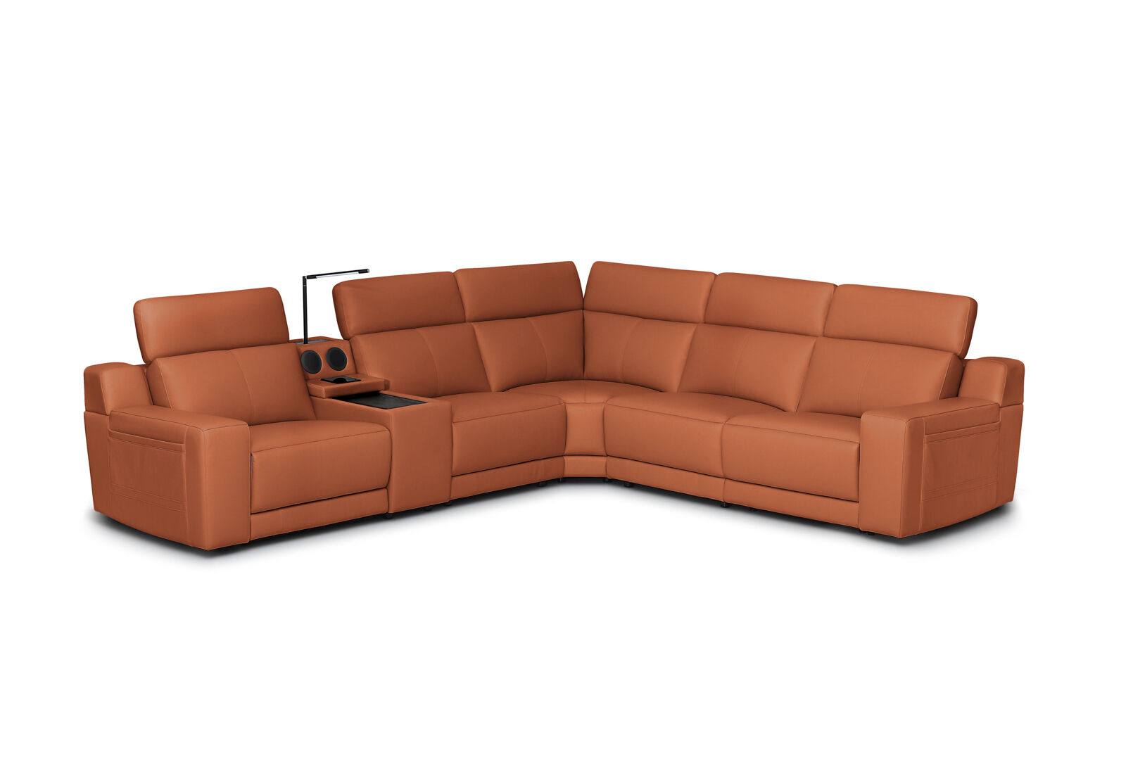 VANTRO LEATHER - Corner Lounge with 2 Inbuilt Electric Recliners and Speaker Console VANTRO LEATHER