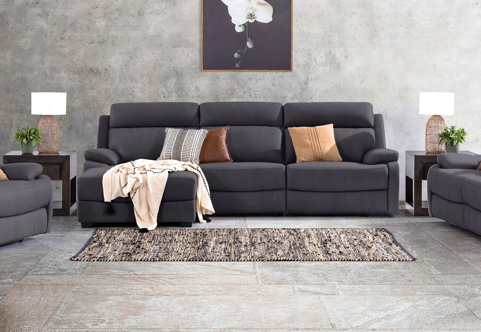 LYNCOLN - Fabric 3.5 Seat Left Hand Facing Chaise with Drop Down Table LYNCOLN