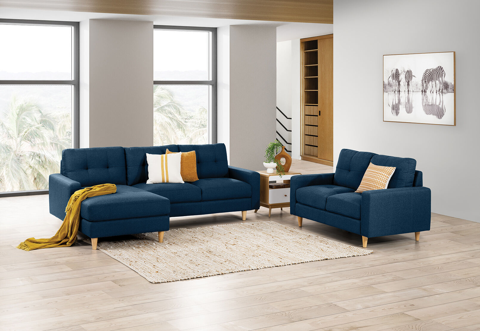 Blue sofa with chaise lounge top