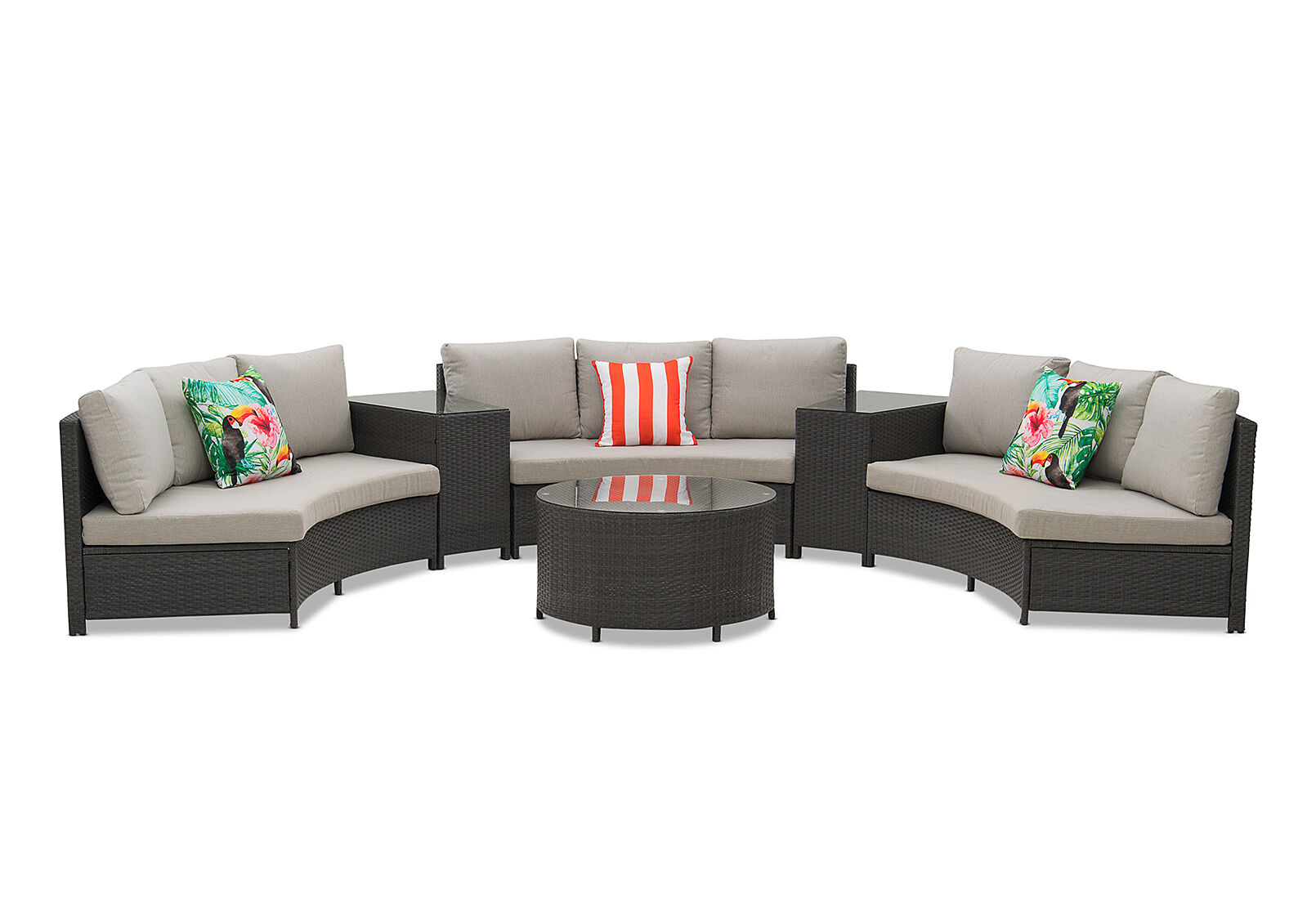 CHARCOAL/GREY SKYROS 6 Piece Round Outdoor Lounge Setting Amart Furniture