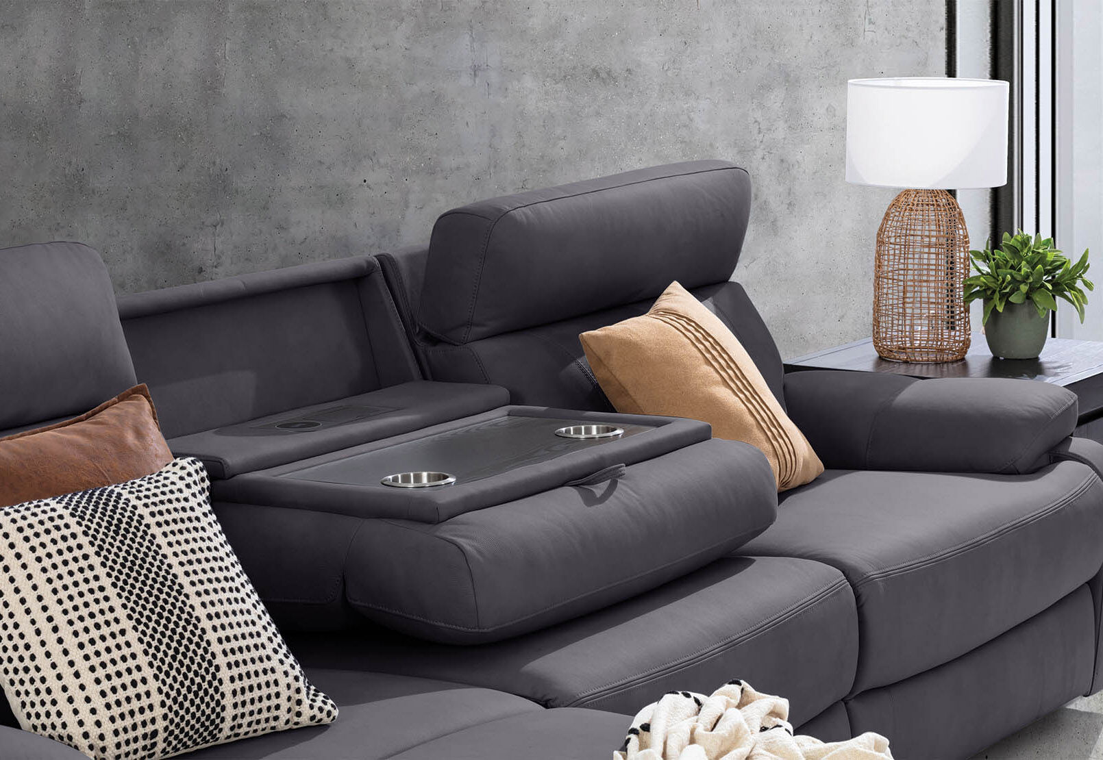 LYNCOLN - Fabric 3.5 Seat Left Hand Facing Chaise with Drop Down Table LYNCOLN
