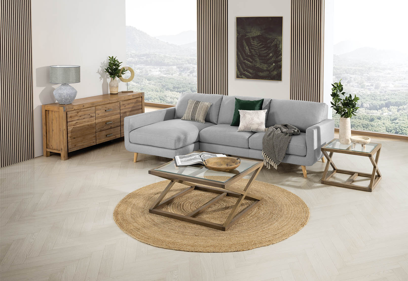 LIGHT GREY PHOEBE Fabric 3 Seater with Left Hand Facing Chaise
