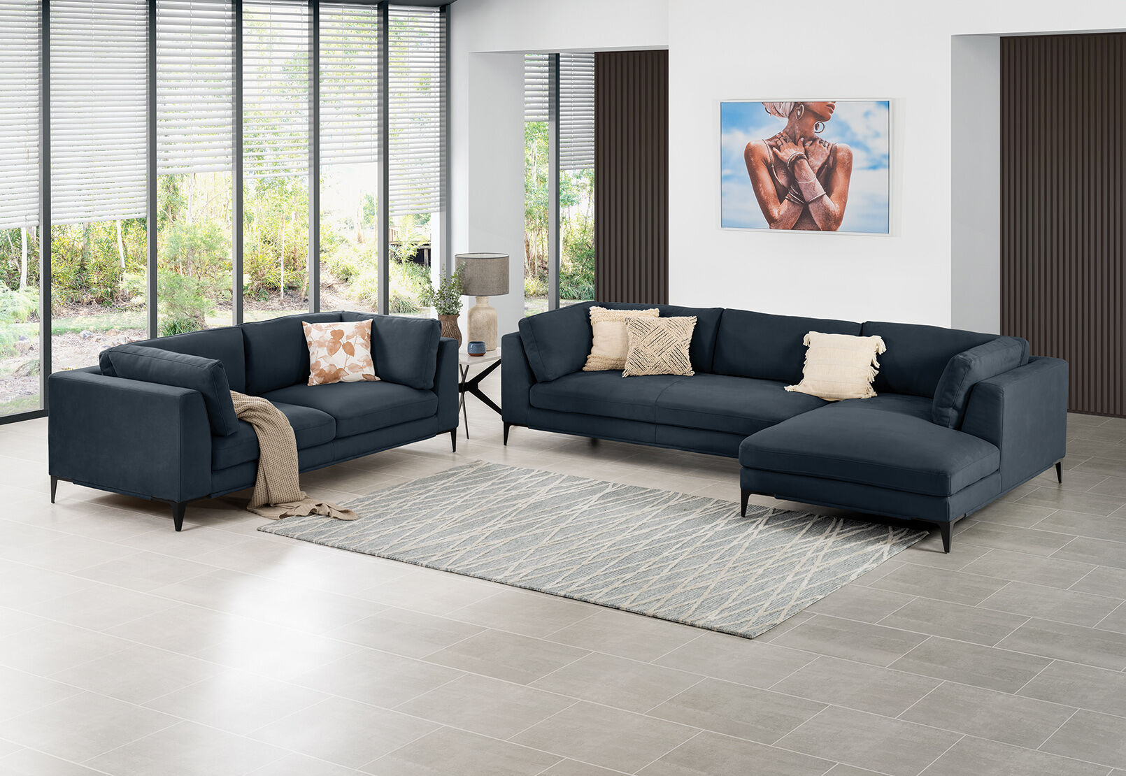 NAVY SASKIA Fabric RHF Chaise Sofa Pair
