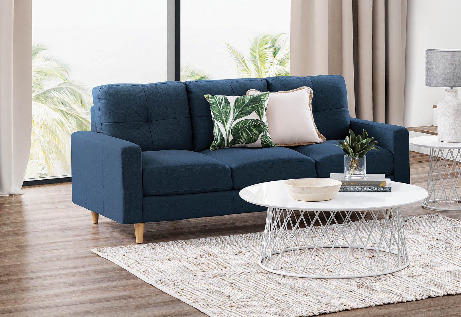 NAVY BLUE KELLER Fabric 3 Seater Amart Furniture