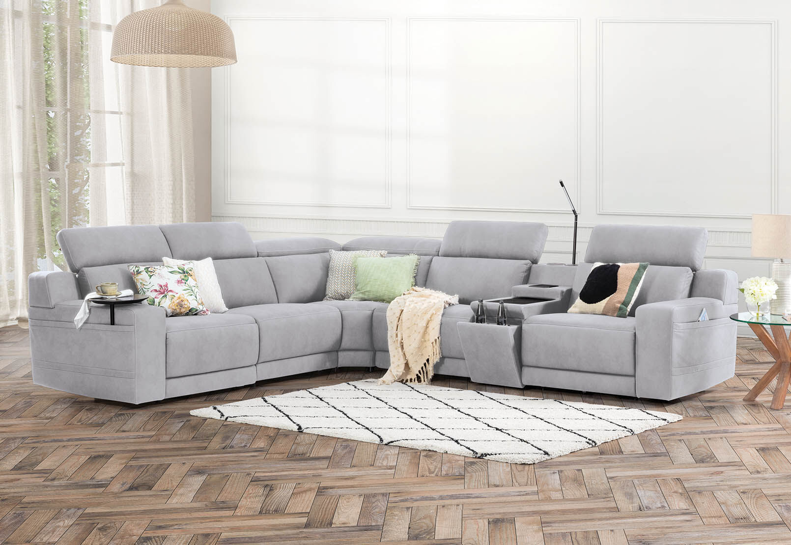 LIGHT GREY CASSIUS MK2 Corner Lounge with 2 Inbuilt Electric Recliners