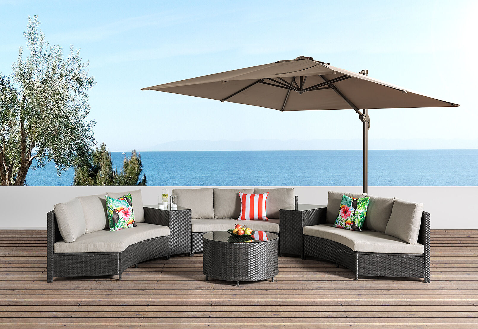 CHARCOAL/GREY SKYROS 6 Piece Round Outdoor Lounge Setting Amart Furniture