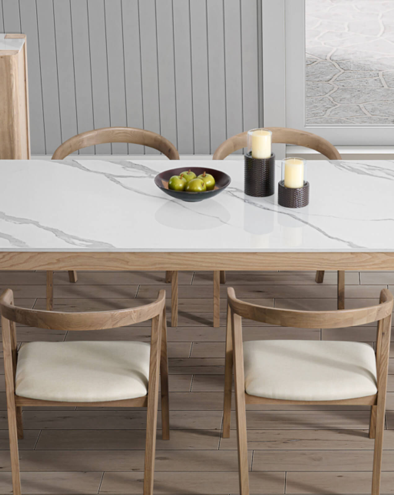 The Tivoli dining chair features organic curves, fabric seating, and a curved backrest for comfort. Perfectly complementing the table, showcasing a grey-veined stone top. Available in sizes for 6 or 8 people, with made-to-order options.