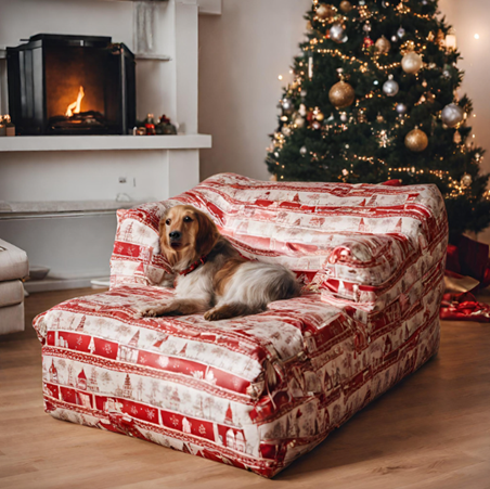 dog bed wrapped under the christmas tree