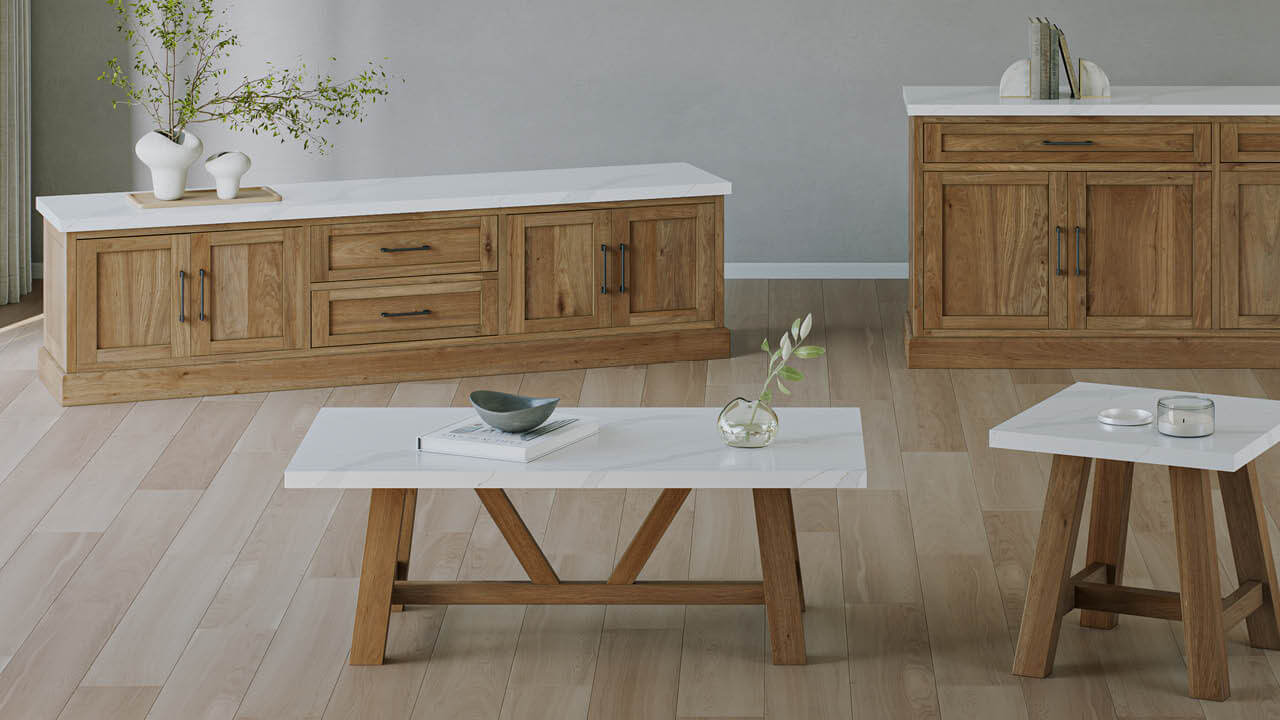 Matteo living room set featuring a solid timber entertainment unit and matching coffee table with stone top.