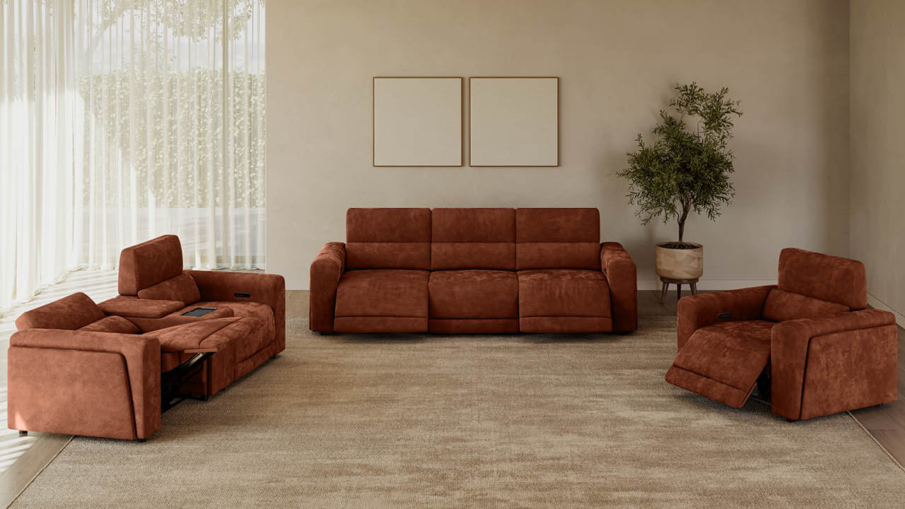 Modern living room featuring the Chicago recliner sofas under natural light.