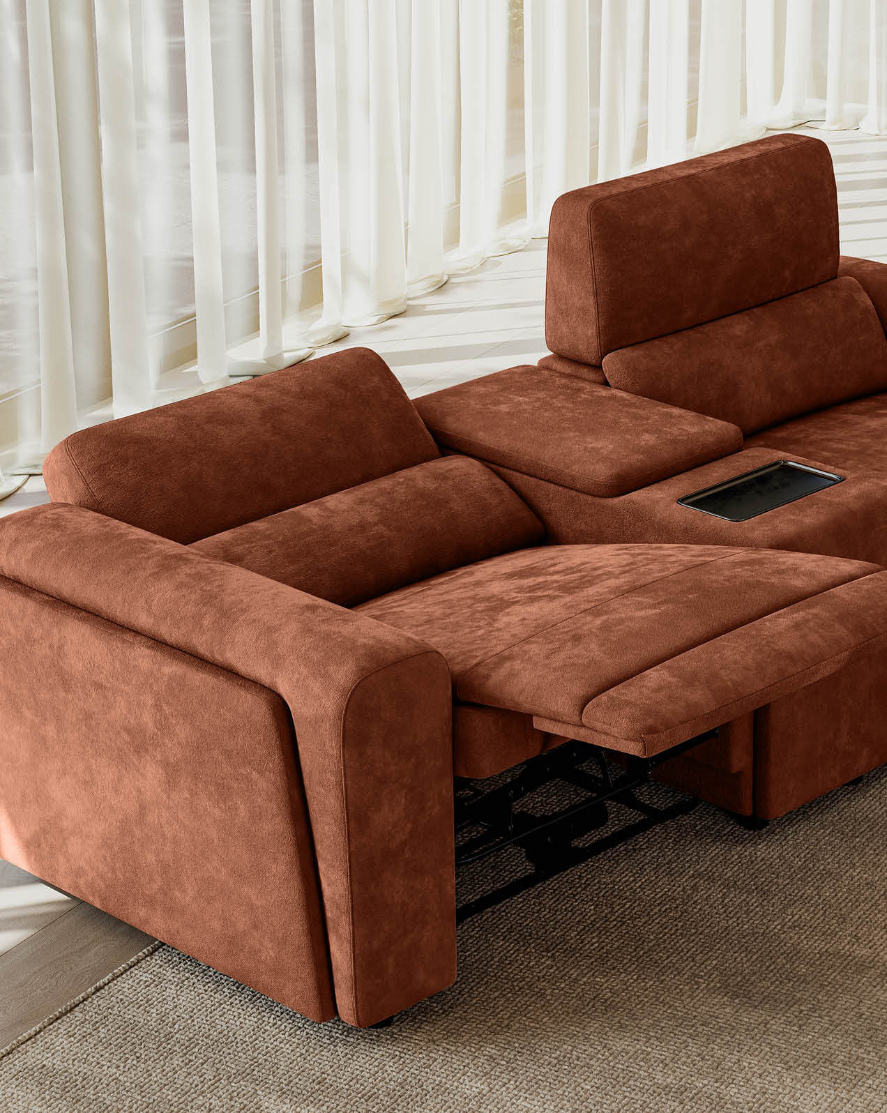 Close-up of the Chicago recliner sofa showing extended footrest