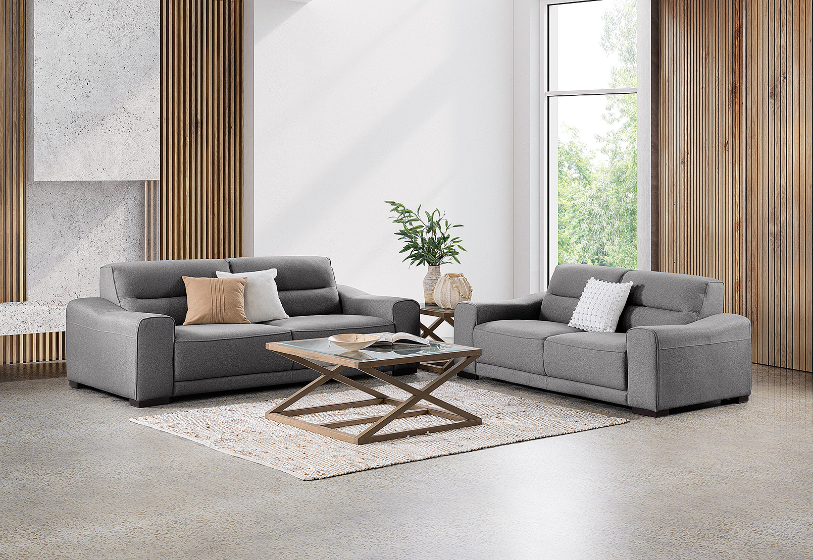DARK GREY AMADEUS Fabric Sofa Pair Amart Furniture
