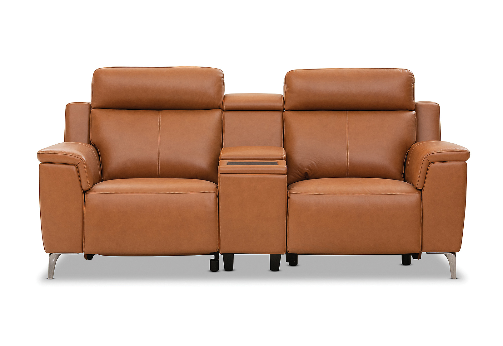 CHESTNUT ARISTOTLE Leather 2 Seater Sofa with Console and 2 Inbuilt