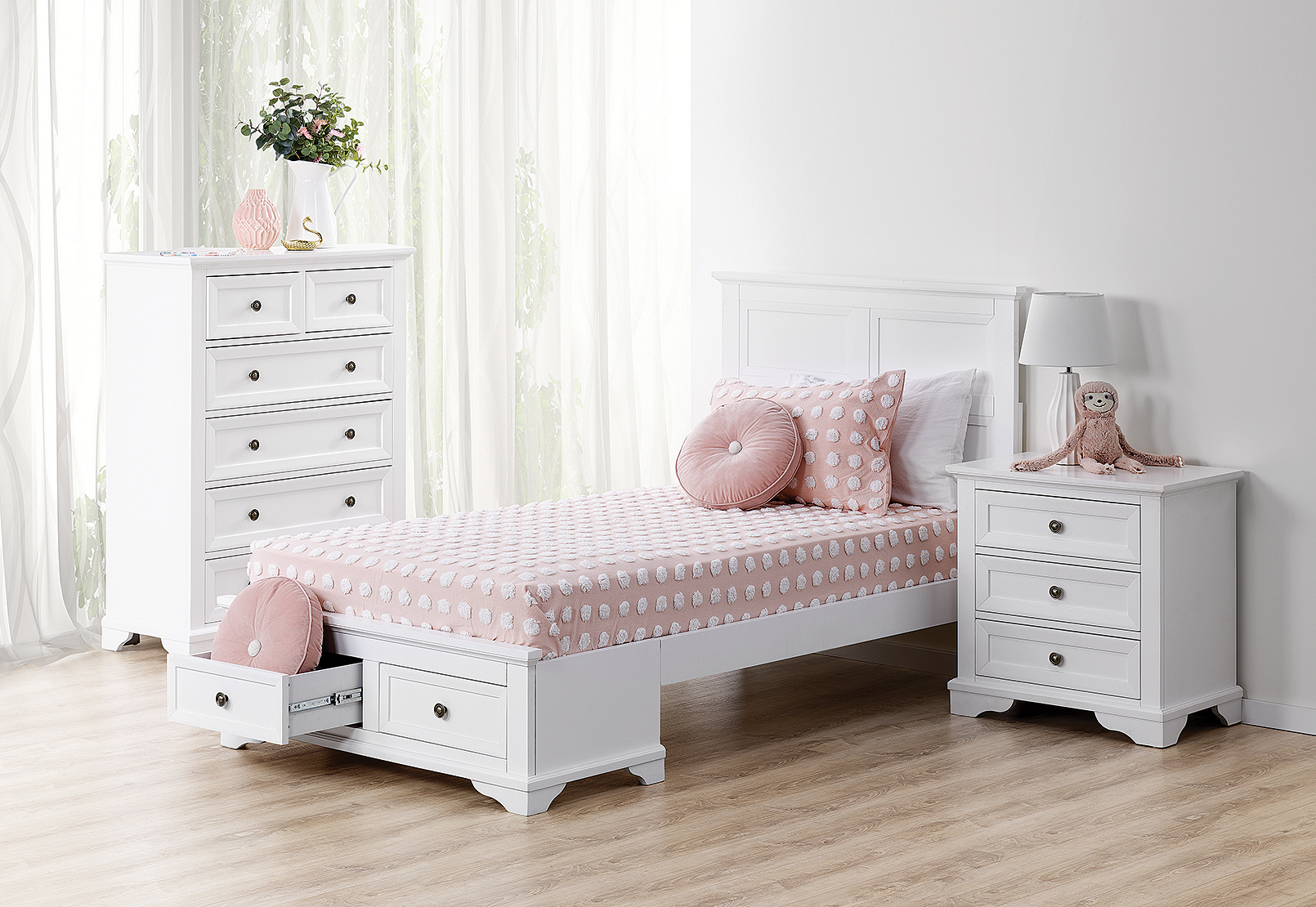 WHITE CHANELLE 3 Piece Single Bedroom Suite