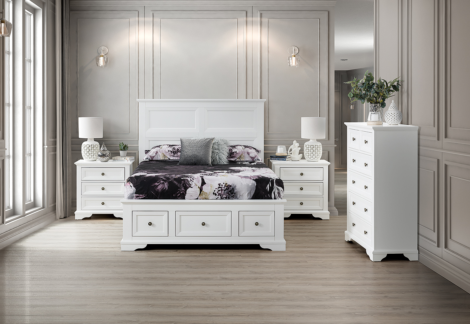 WHITE CHANELLE 4 Piece Queen Tall Chest Bedroom Suite | Amart Furniture