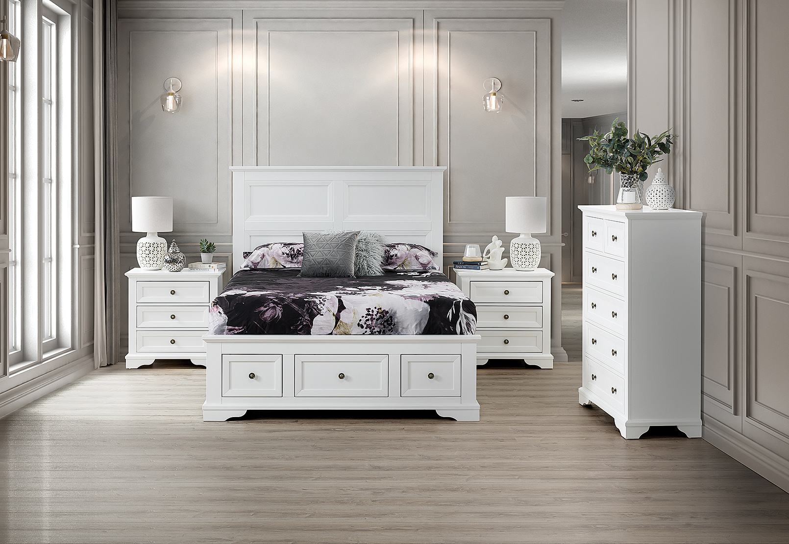 WHITE CHANELLE 4 Piece King Tall Chest Bedroom Suite Amart Furniture