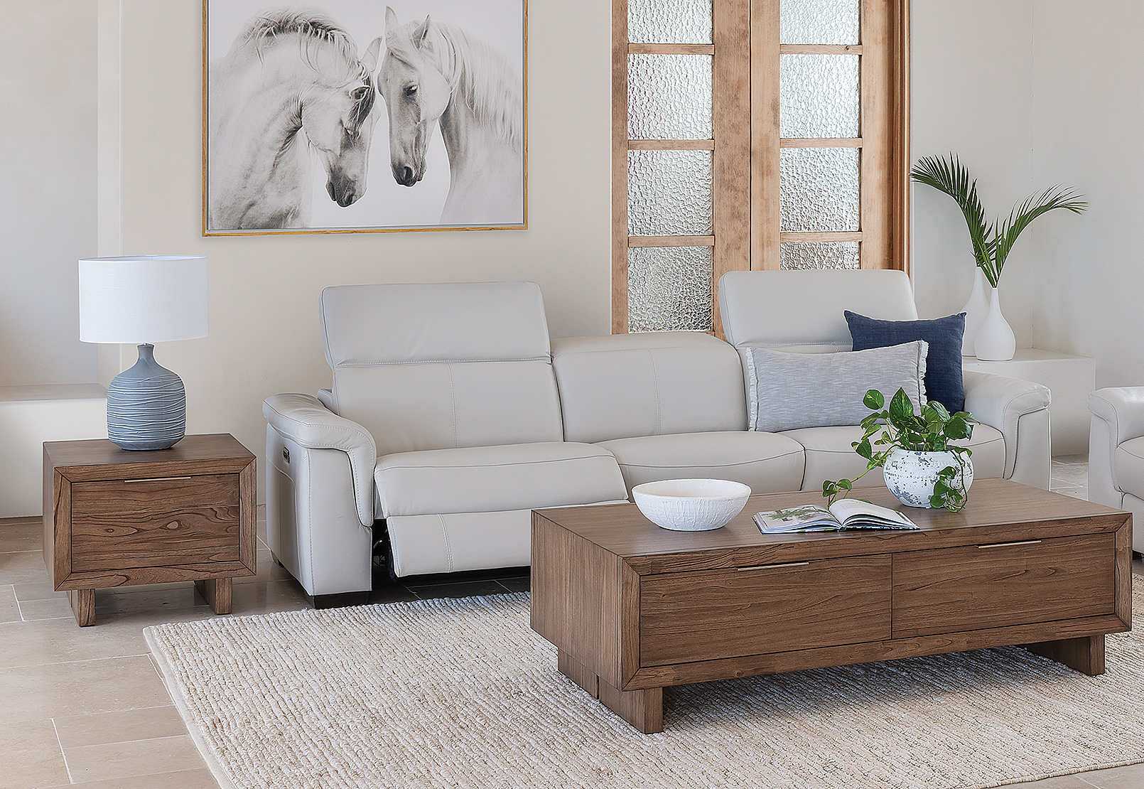 BEIGE LUCIANO Leather 3.5 Seater Sofa with 2 Electric Recliners Amart