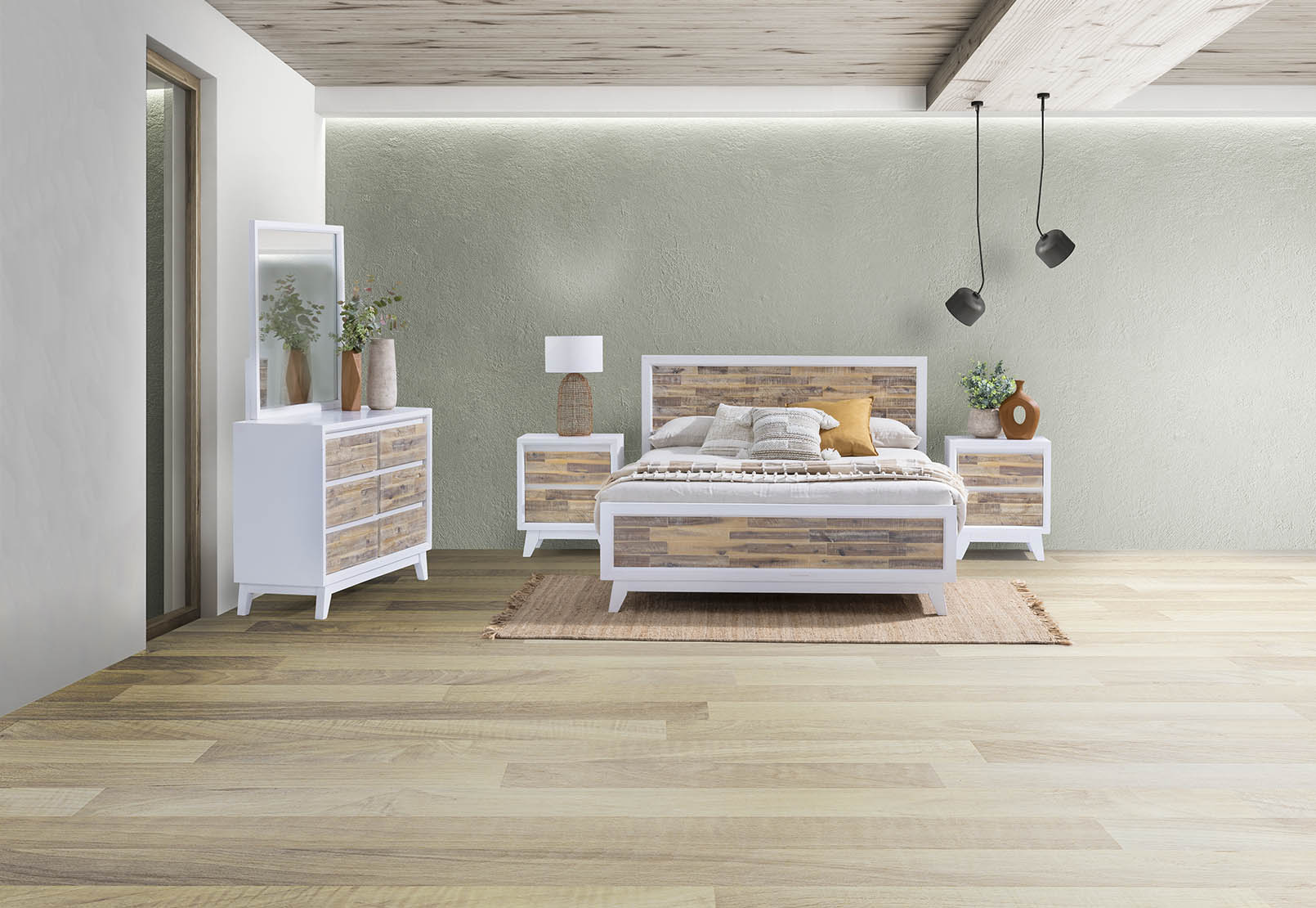 WHITE WASH TULUM 4Pce Queen Bed Dresser Suite Amart Furniture