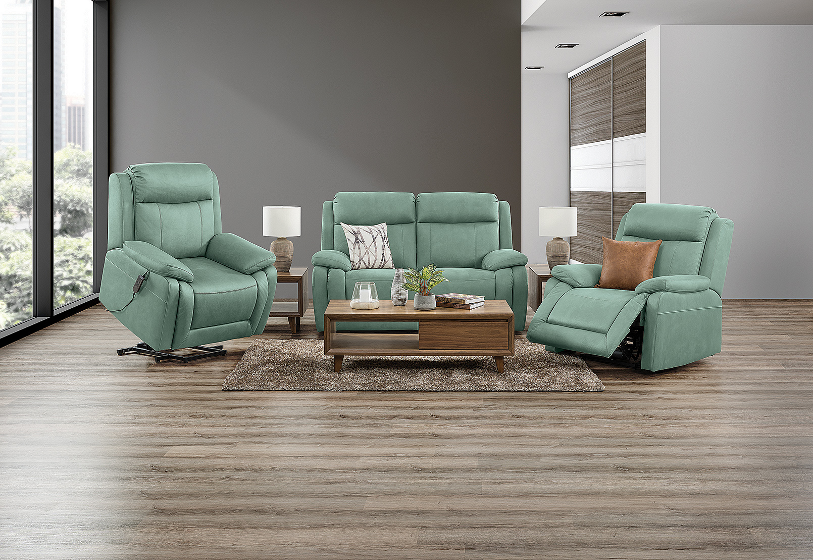 GREEN SAN MARCO Fabric 3 Piece Recliner Lift Suite with 2 Seater