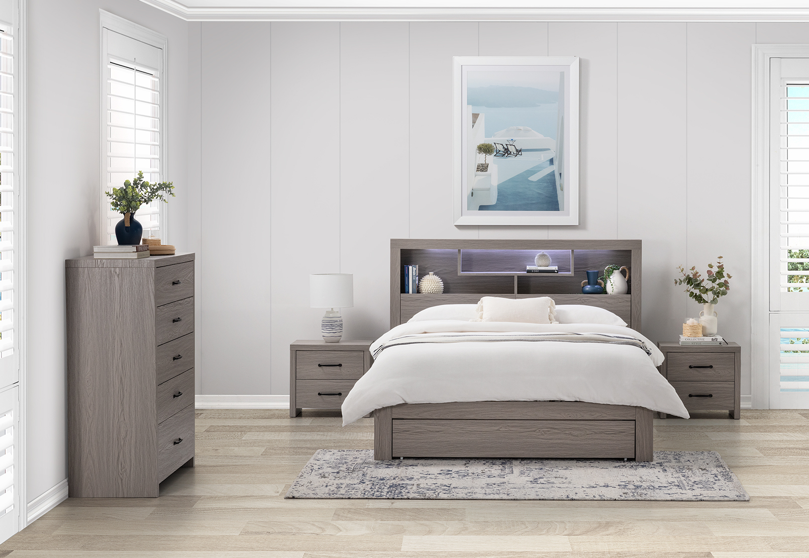 GREY GEOVANA 4 Piece Queen Bed Tall Chest Suite