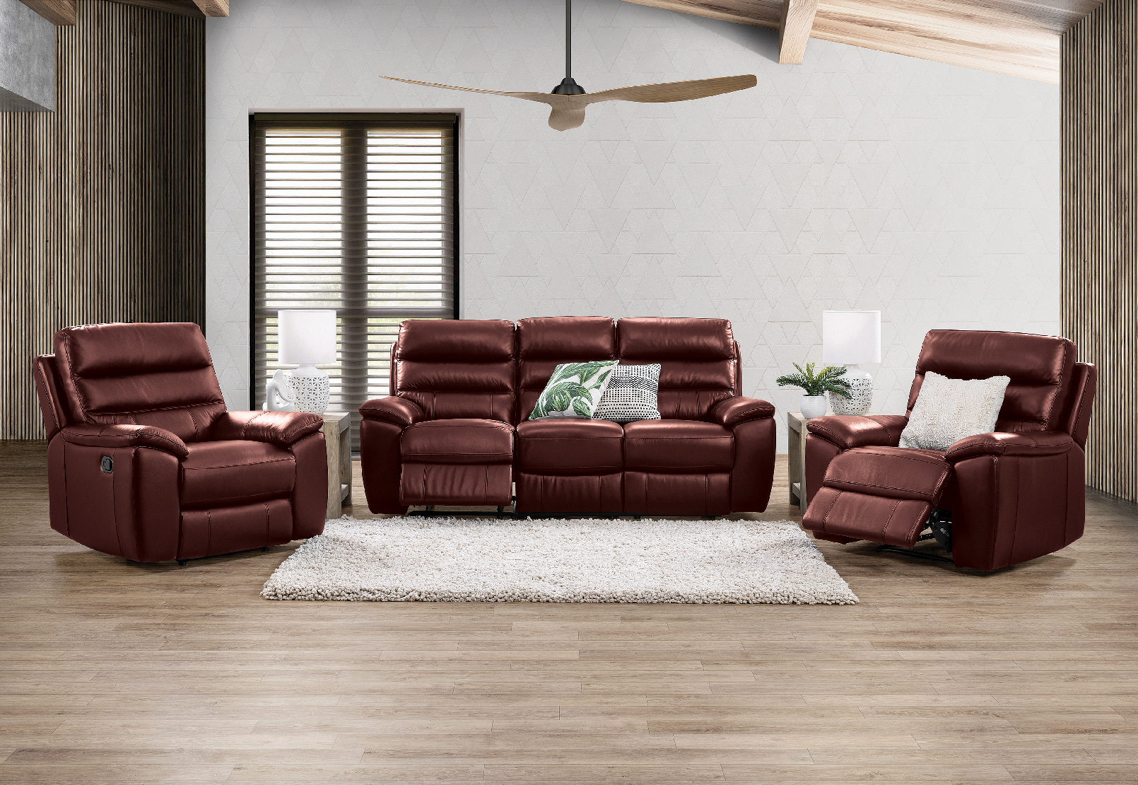 DEEP RED SELLARONDA Leather 3 Piece Recliner Suite