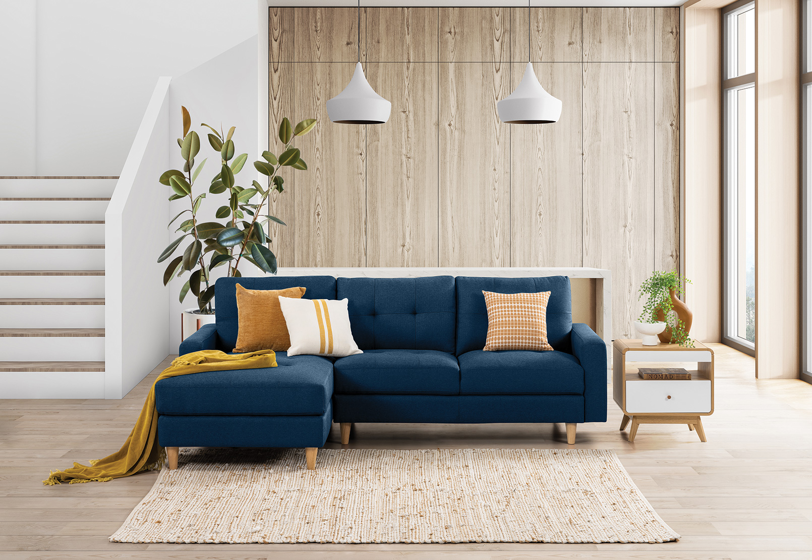 NAVY KELLER Fabric 3 Seat LHF Chaise